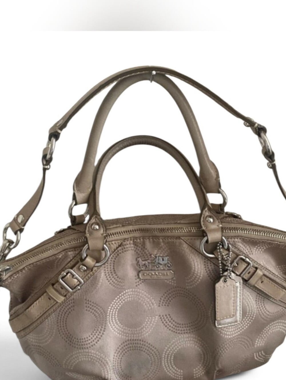 Coach Dotted Op Art Madison Sophia Satchel In A Metallic Taupe Finish